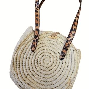 INC International Concepts Cream Woven Shoulder Bag with Leopard Straps